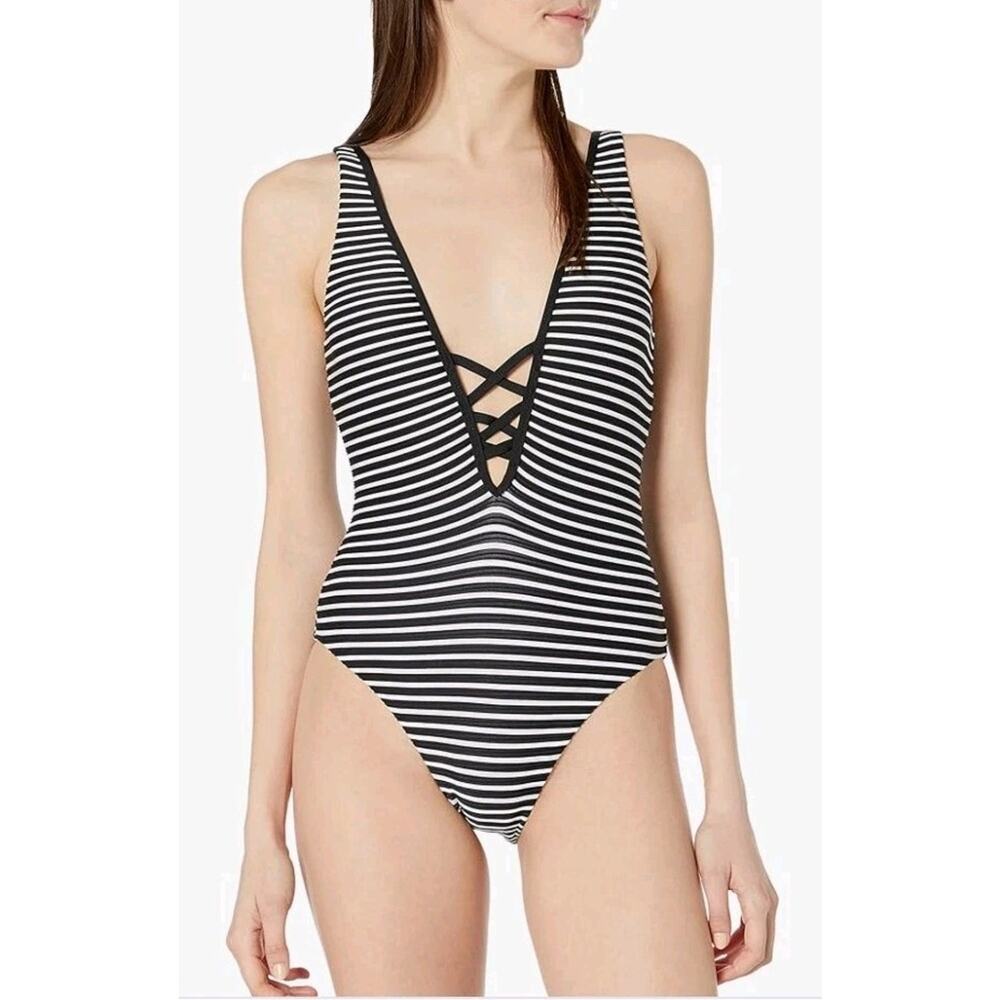 Ella Moss Medium Black White Striped Plunge Deep V One-Piece Swimsuit